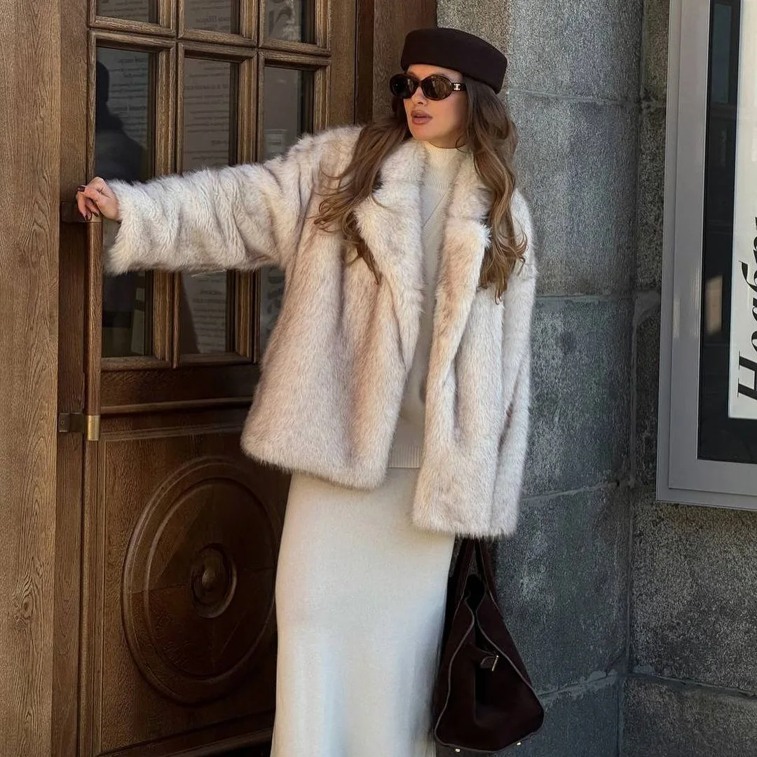 KIDCRKJ Women Winter Artificial Fur Jacket Notched Collar Gradient Warm Female Mink Fur Coat Versatile Lady Imitation Fur Coat