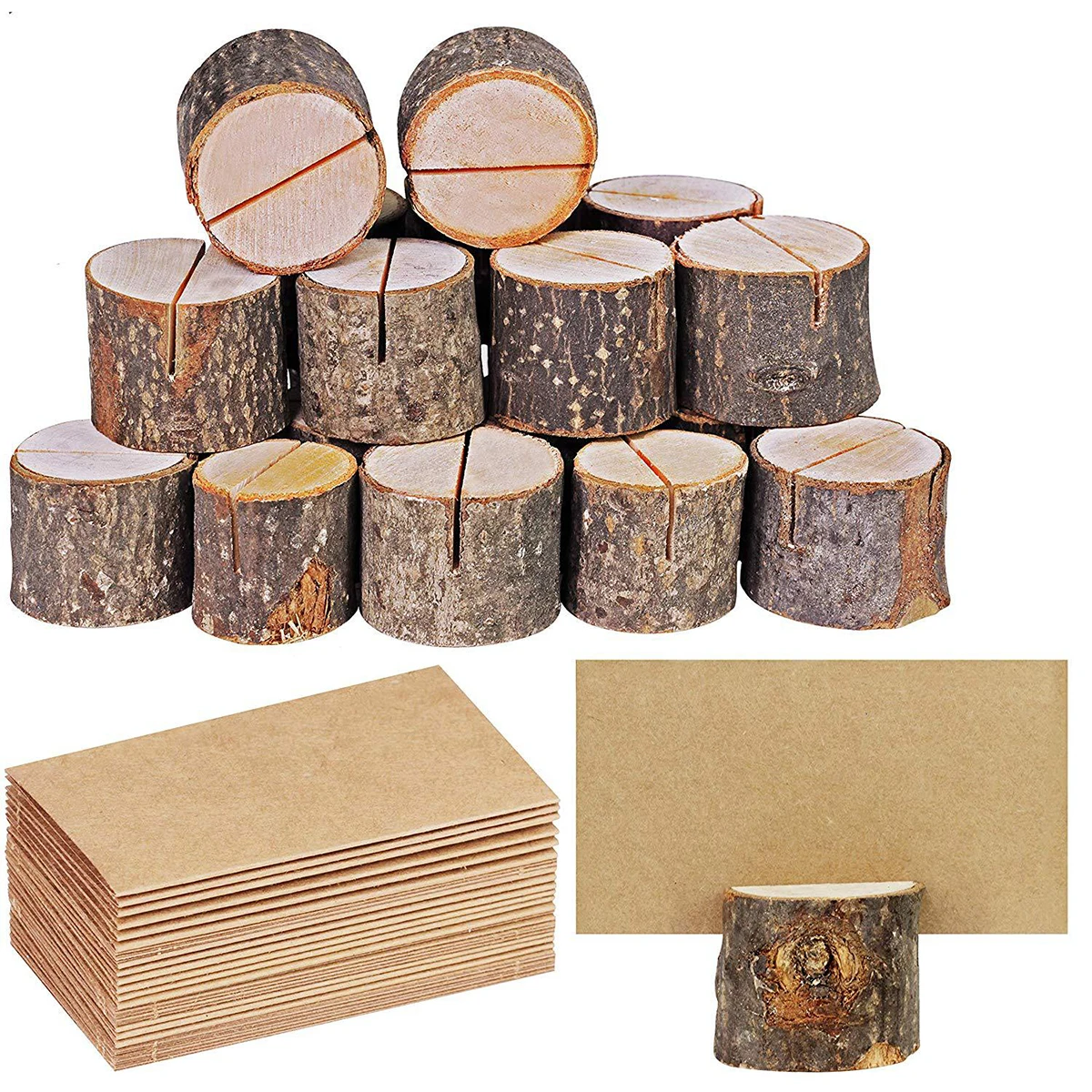 10PC Tree Stump Card Holders+10 Cards Wooden Card Holder Stand Wedding Festival Party Restaurant Table Reminder Card Accessories