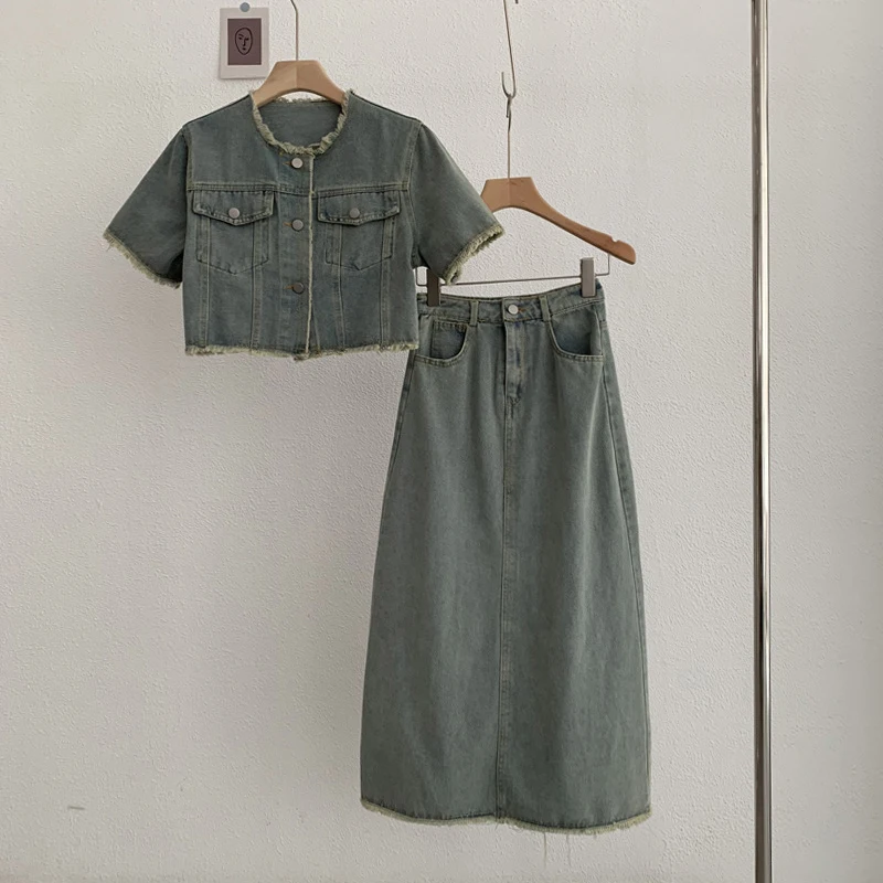 Vintage Women Denim Skirts Sets Fringed O-neck One Breasted Soft Shirt+HIgh Waist A-Line Split Skirt 2Pieces Female Clothes Suit