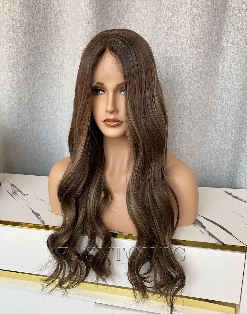 Highlight Blonde Long Glueless 28'' Body Wave 5x5 Silk Base Jewish Human Hair Wig Baby Hair HD Lace European Hair Preplucked