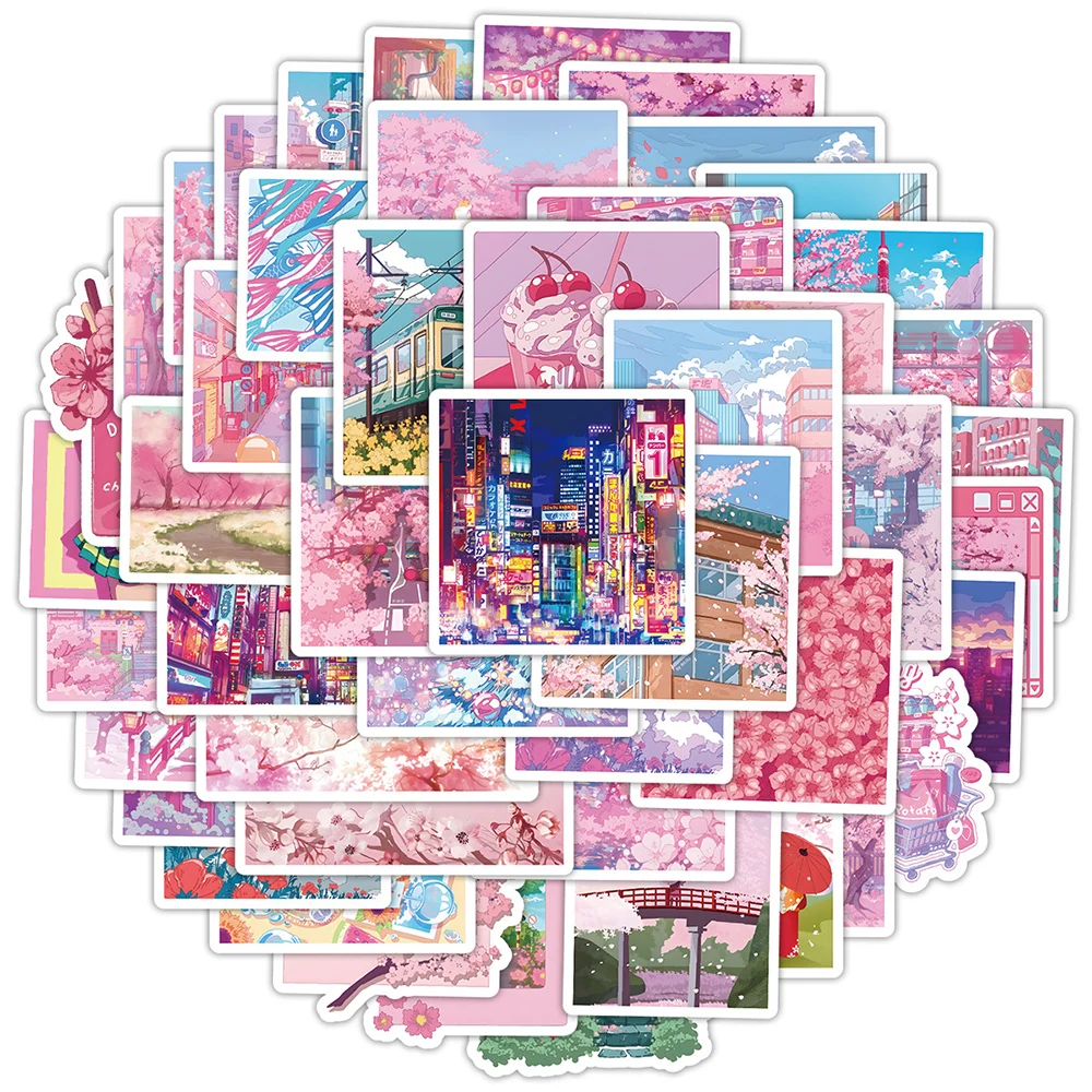 10/30/50pcs Cute Sakura Street Scenery Aesthetic Stickers DIY Skateboard Scrapbook Laptop Fridge Cartoon Waterproof Sticker Pack