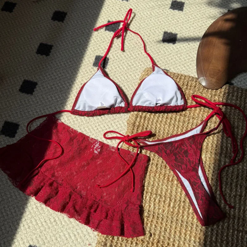 Bikinis sexis de 3 uds., trajes de baño de encaje, traje de baño para mujer con realce, ropa de baño para playa para mujer, trajes de baño, conjunto de Bikini brasileño, bañista para piscina