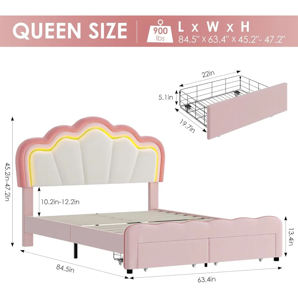 HOSTACK Queen Upholstered LED Bed Frame with Storage Drawers, Cute Girls Bed with Adjustable Lotus Headboard, Velvet Princess