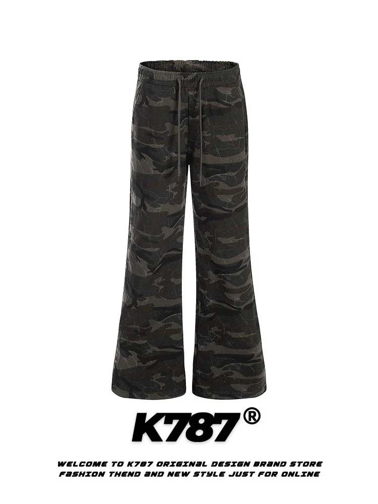 

High Waist Bell Bottom Casual Pants American Retro Camouflage Lettering Workwear Hip Hop Street Style Men Women All Match