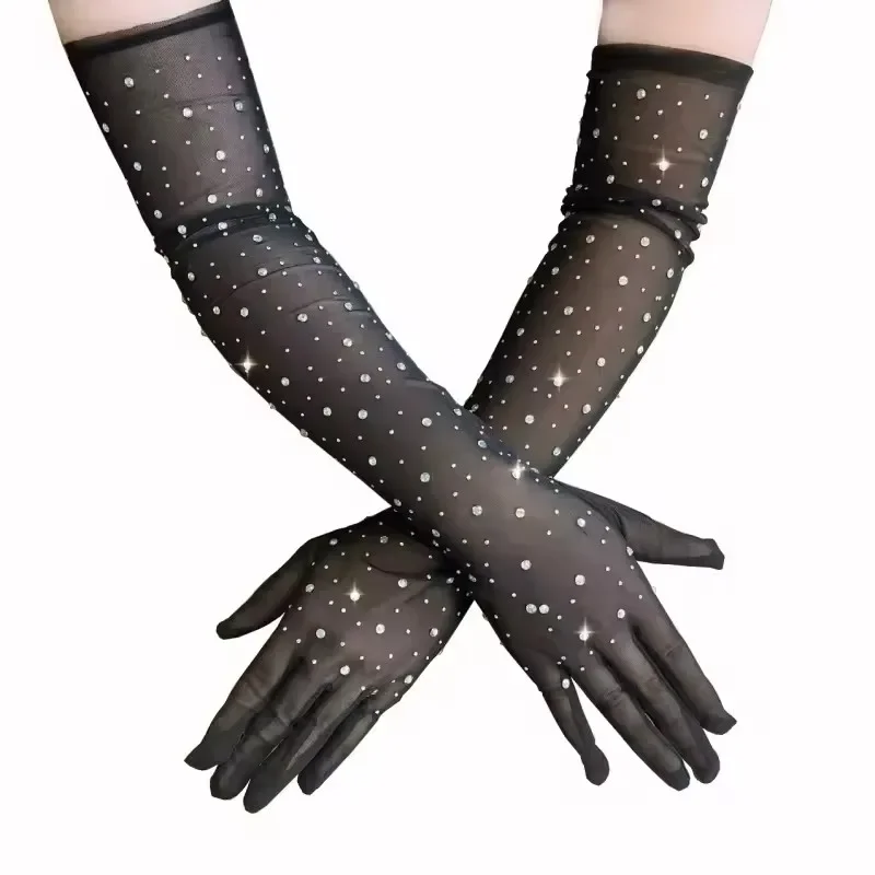 

Women's Sexy Shining Mesh Long Gloves Thin Elastic Lace Fashion Dance Performance Cosplay Personality Stage Flash Drilling
