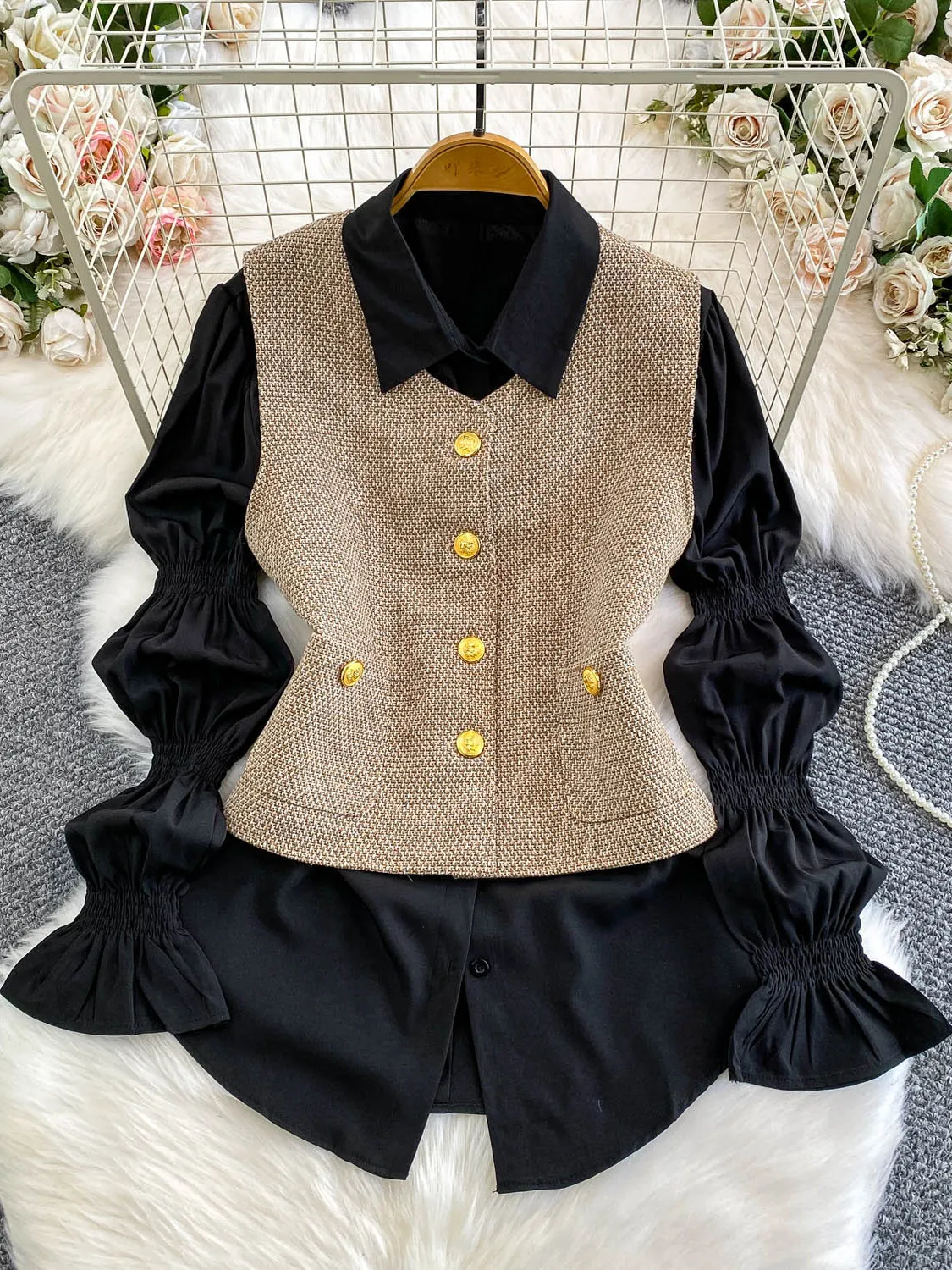 

Французский Sle Lantern Sve irt Женская верхняя одежда Роскошный комплект шерстяного жилета Commute Faion Повседневный свободный крой Long Sve Butto...