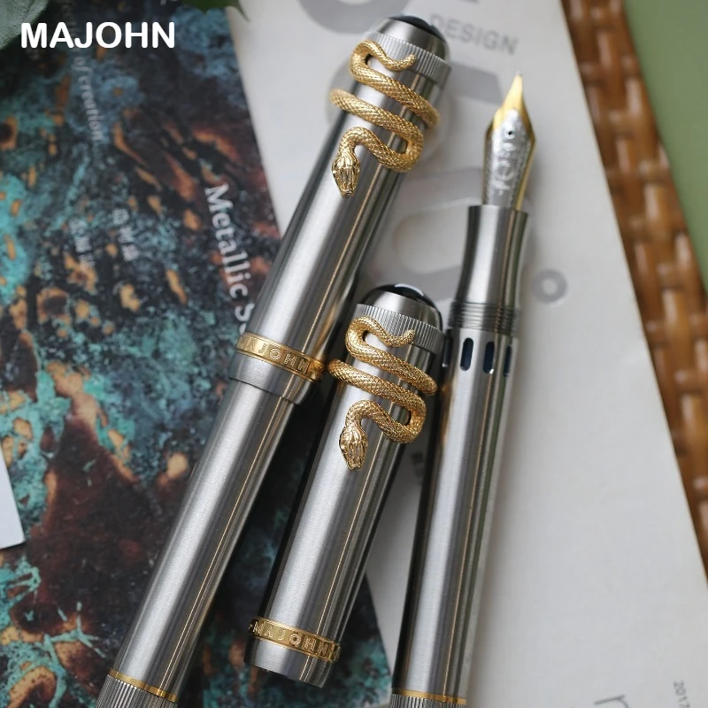 MAJOHN P137 Titanium Alloy Pen with Snake Clip 6 Size Large Nib Ink Window Piston System Stationery School Office Supplies