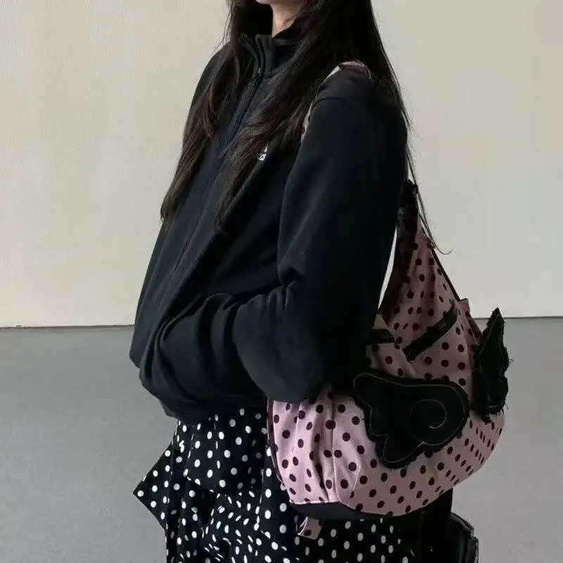 Streetwear Trendy Y2k Aesthetic Dots Wings Women's Handbags Fashion Office Lady Shoulder Underarm Bag All Match Casual Backpacks
