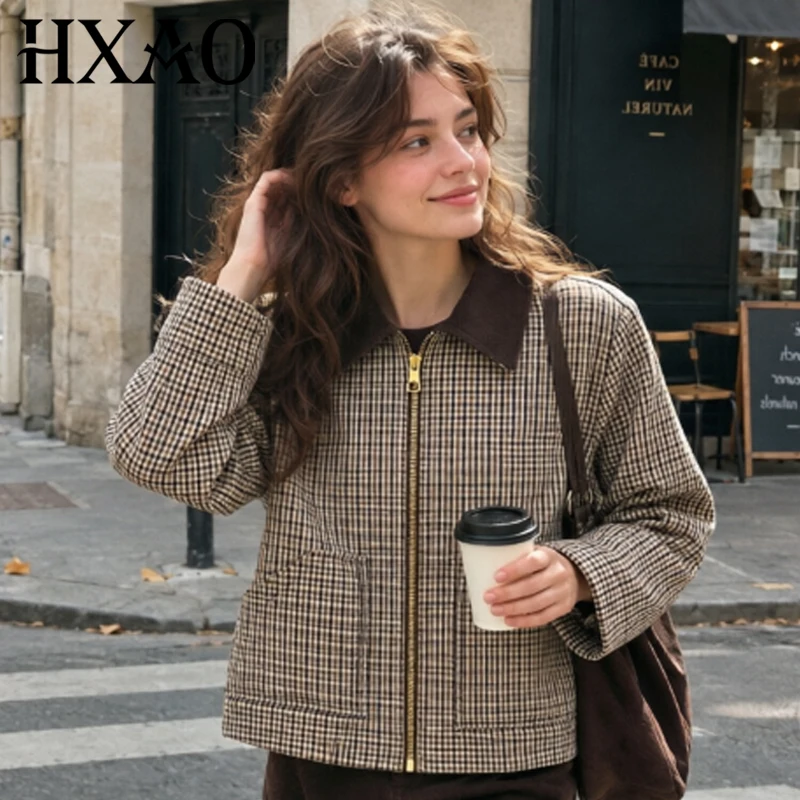 HXAO Women's Cropped Plaid Jacket Autumn 2026 Women's Loose Long Sleeve Top Corduroy Collar Zip Up Outerwears Chic Outdoor Coat