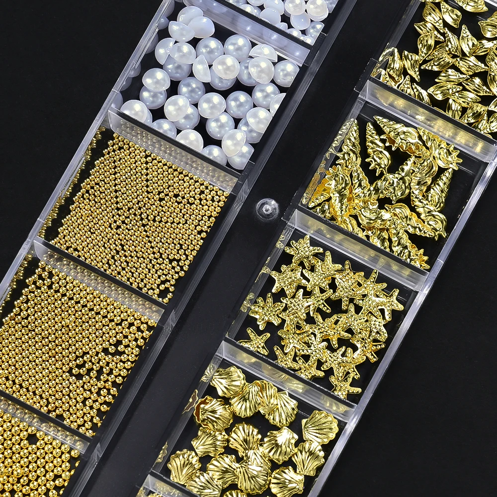 12Pc/Box 3D Metal Ocean Theme Nail Art Charms Shell Starfish Seahorse Caviar Beads Alloy Nail Jewelry DIY White pearl Nail Parts