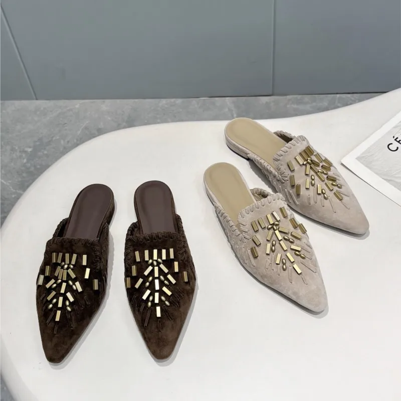 

Women Slippers Summer 2026 New Retro Suede Leather Mules Pointed Toe Flat Sandals With Metal Decor Slip On Casual Shoes