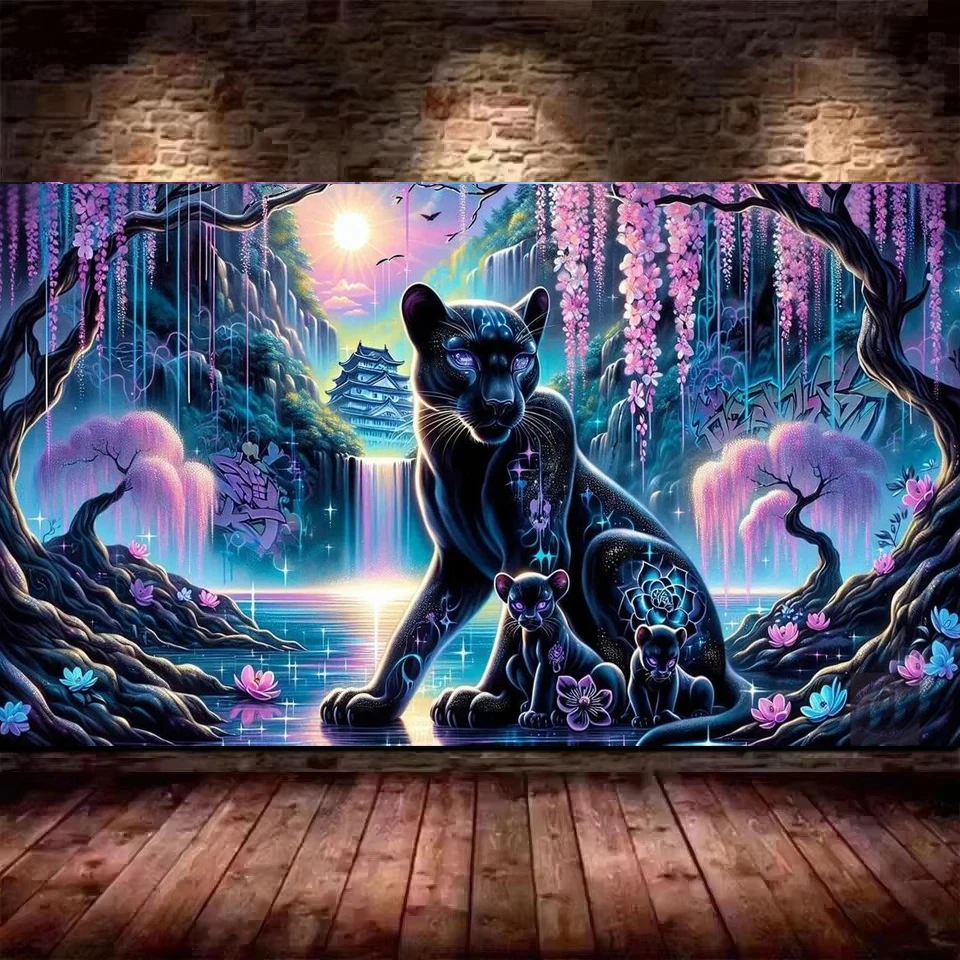 Black Panthers and Cubs Fantasy Waterfall Landscape Animal DIY 5D Diamond Painting New 2025 Full Mosaic Diamond Embroidery Sale