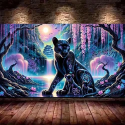 Black Panthers and Cubs Fantasy Waterfall Landscape Animal DIY 5D Diamond Painting New 2025 Full Mosaic Diamond Embroidery Sale