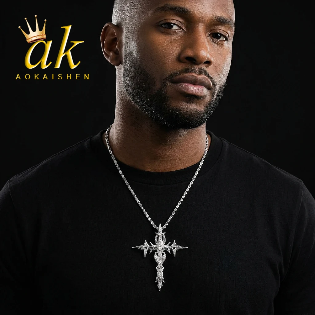 Aokaishen Iced Out Hero Cross Necklace Pendant for Men Real Gold Plated Hip Hop Jewelry