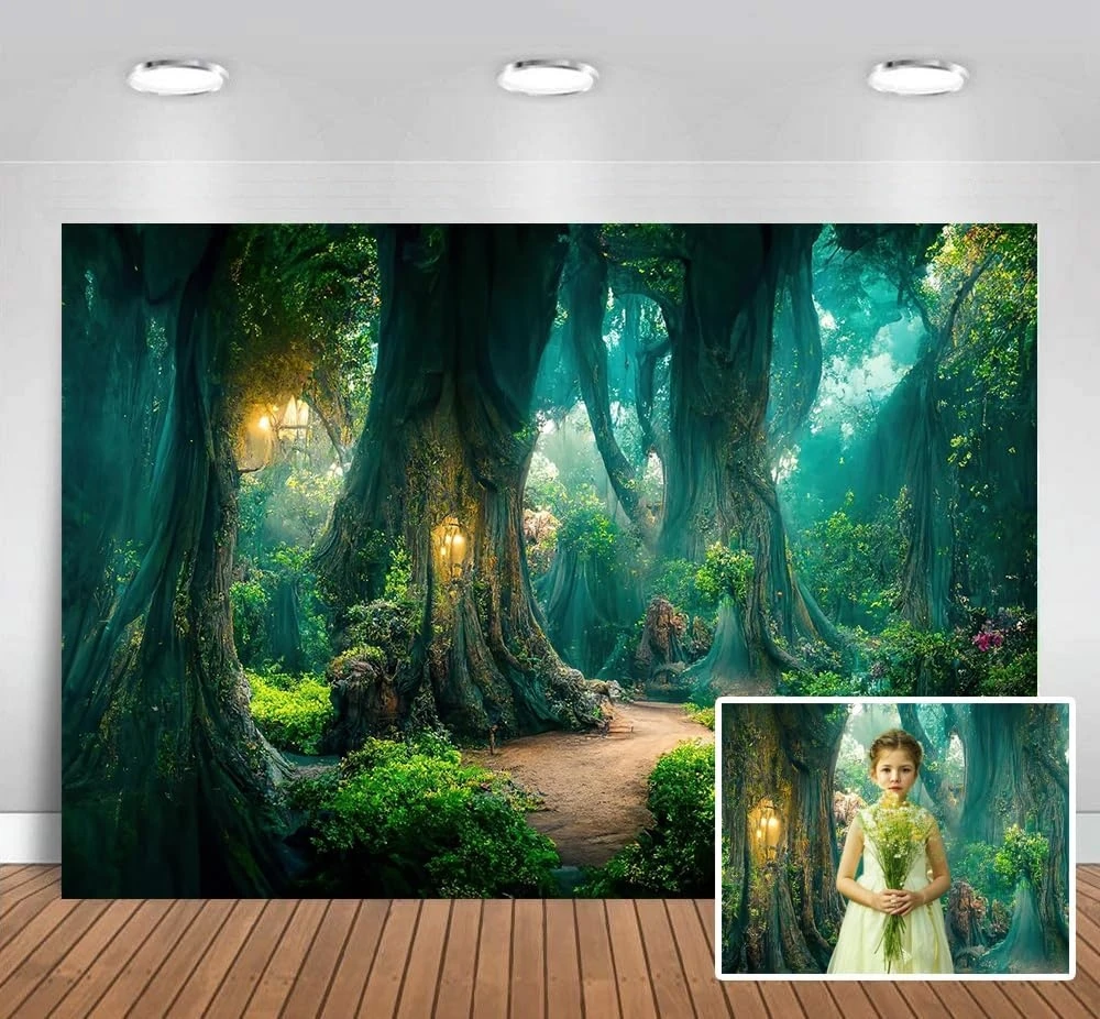 Fondos mágicos para sesión de fotos de bosque, cuento de hadas, bosque encantado, árboles verdes, fondos para niños
