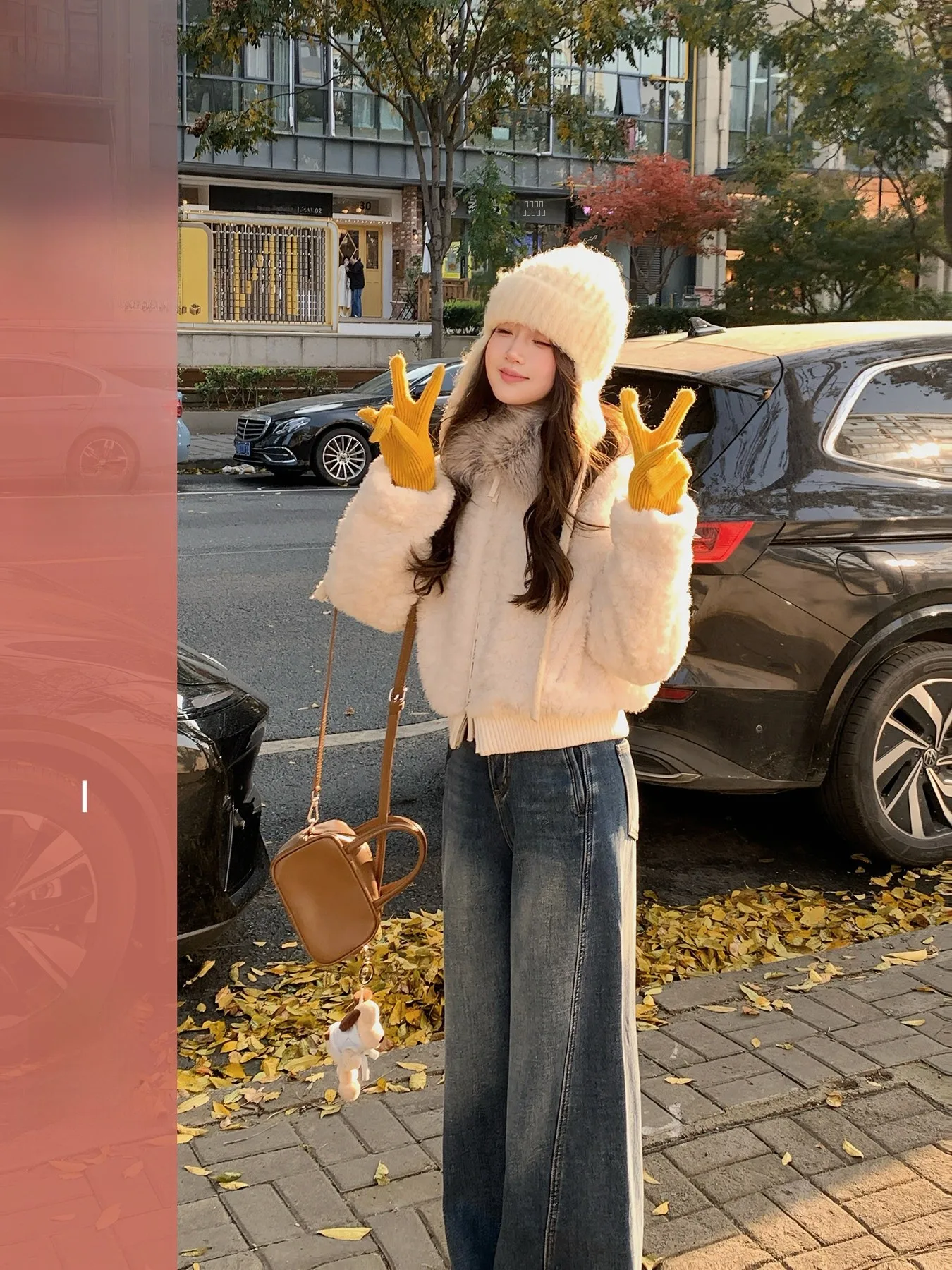 

Huangzuozuo Women's ort Thiened Winter Jaet Cute Sle Polyester Fiber Warm Faux Fur Collar Slim Fit Zipper Closure