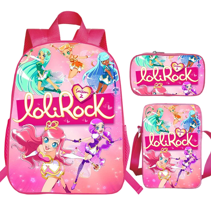 Cartoon LoliRock Print Backpack, Shoulder Bag, Lápis Case, Girls Cute Pink Schoolbag, grande capacidade, Children Boolbag, 3Pcs Set