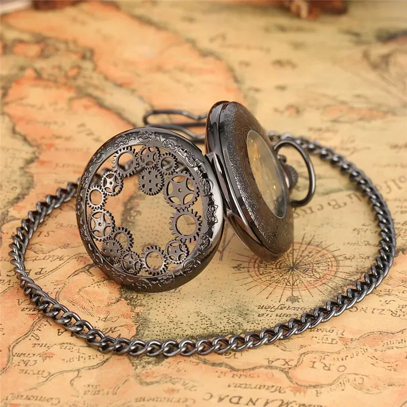 Classic Men Women Hand-winding Mechanical Pocket Watch Hollow Out Gear Case Skeleton Clock with Pendant Chain Roman Number Dial