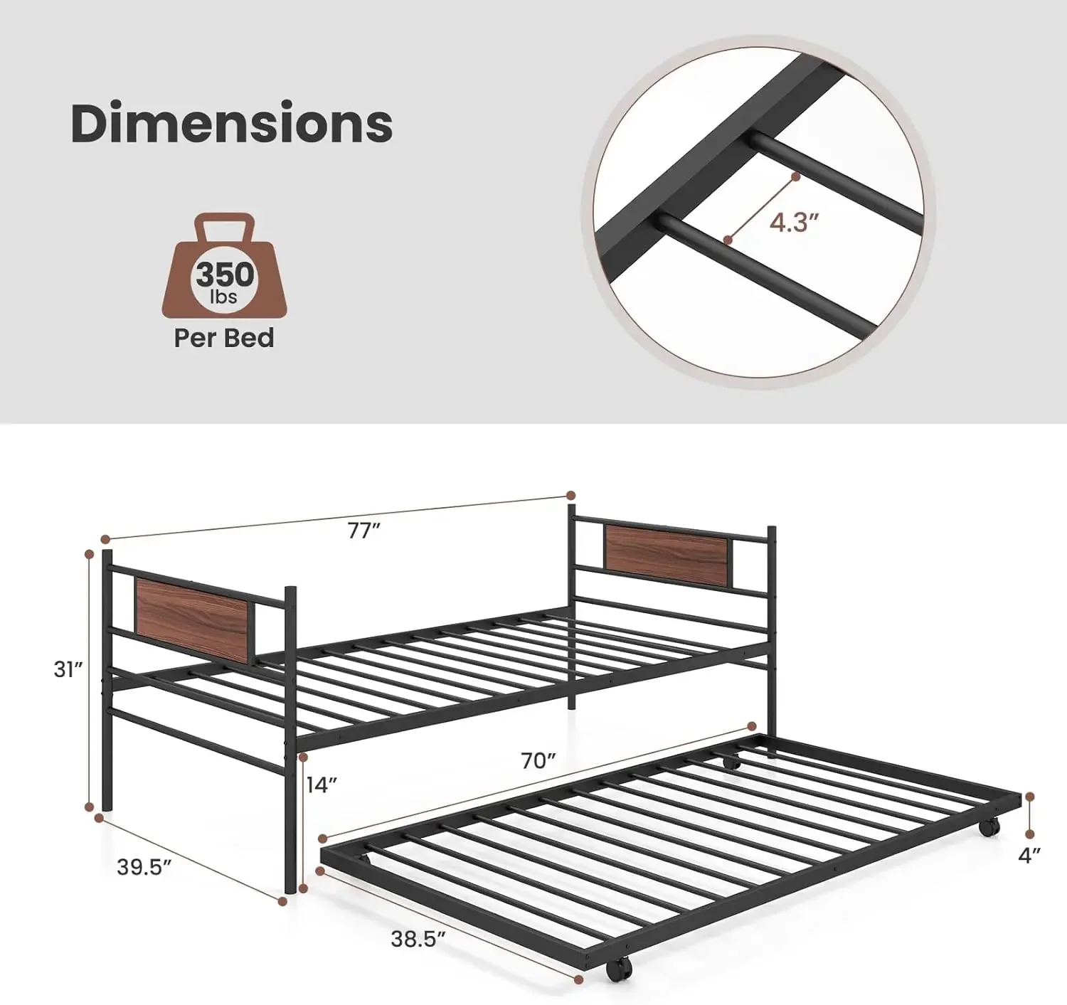 Metal Daybed with Trundle, Twin Size Day Bed with Wood Grain Headboard & Metal Slat Support,