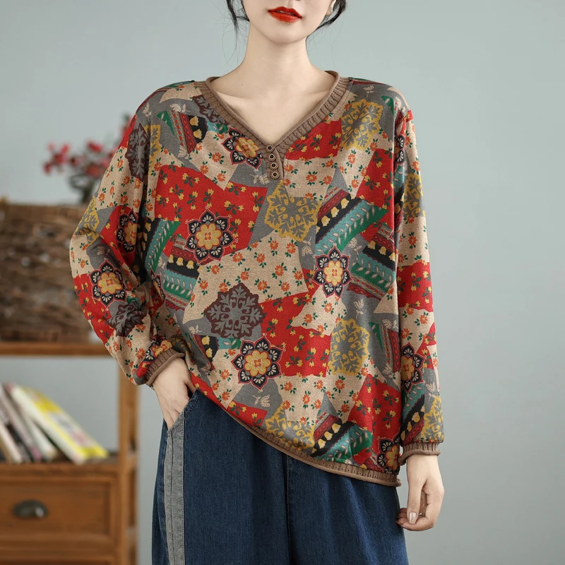 Herbst Neue Lange Sve T-shirt frauen Künstlerische Vielseitige Retro Patchwork Rippen Druck Große Größe Lose V-ne Basis irt Thi...