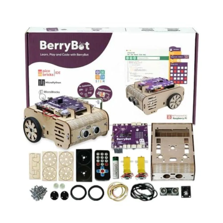 

BerryBot Programmable Robot Kit with Raspberry Pi RP2040 for STEM learning: ABS plastic body, black-gray color, graphical codin