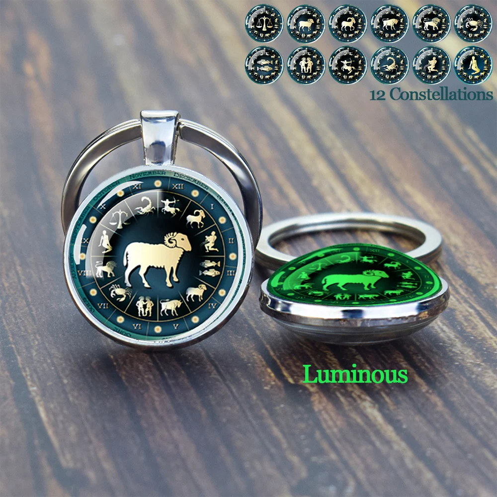 12 Constellation Keychains Luminous Zodiac Sign Glass Dome Double Side Pendant Key Chains Birthday Gift Car Keyring  Accessory