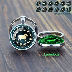 12 Constellation Keychains Luminous Zodiac Sign Glass Dome Double Side Pendant Key Chains Birthday Gift Car Keyring  Accessory