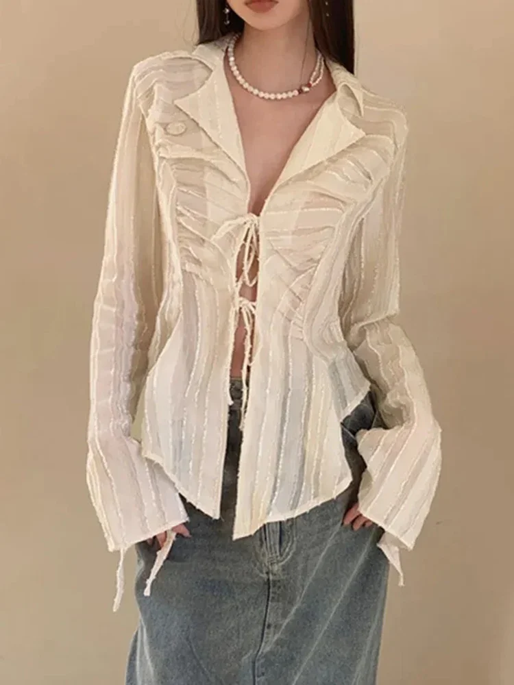

Spring Women Solid Color Lace Up Slim Fitting Long Sleeved Shirt New Korean Fashionable Unique Spicy Girl Lapel Female Shirt Top