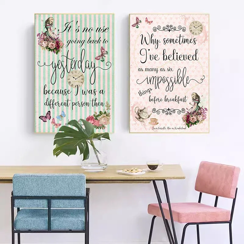 Cartoon Retro Colorful Alice in Wonderland Inspirational Quote Poster Canvas Painting Wall Art Picture Kids Girl Room Home Decor