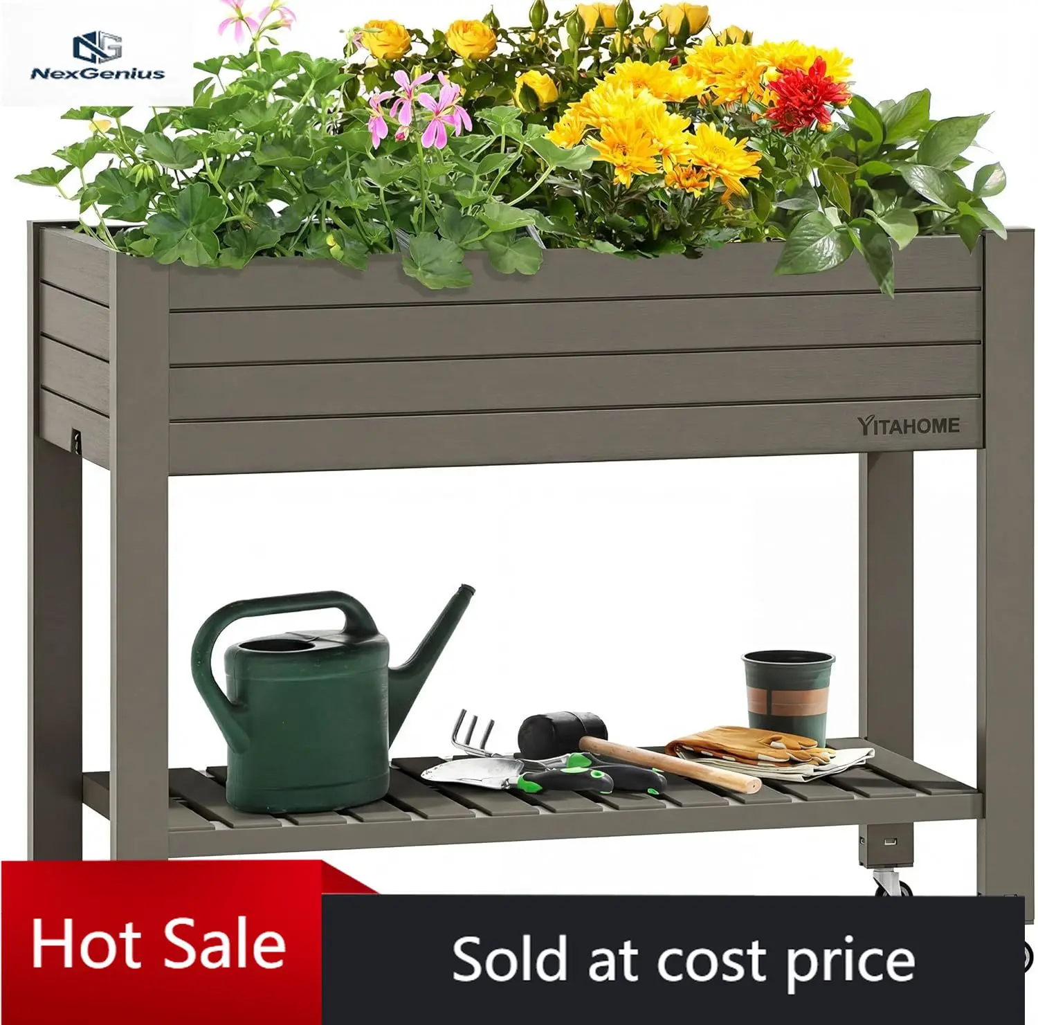 

YITAHOME 43.3x17.7x34 in Elevated Garden Bed, Outdoor Plastic Planter Box with Wheels, Legs, Drain Plug, and Storage Shelf for P