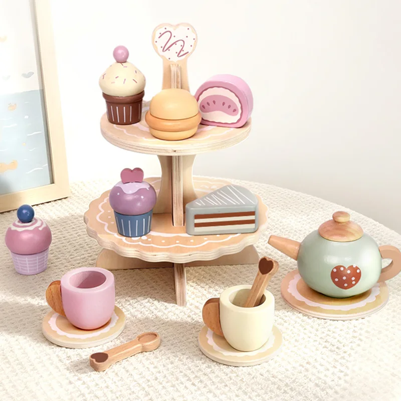 wooden-kids-afternoon-tea-play-set-pretend-play-dessert-stand-teapot-cup-cake-simulation-food-toy-role‑playing-game-gift