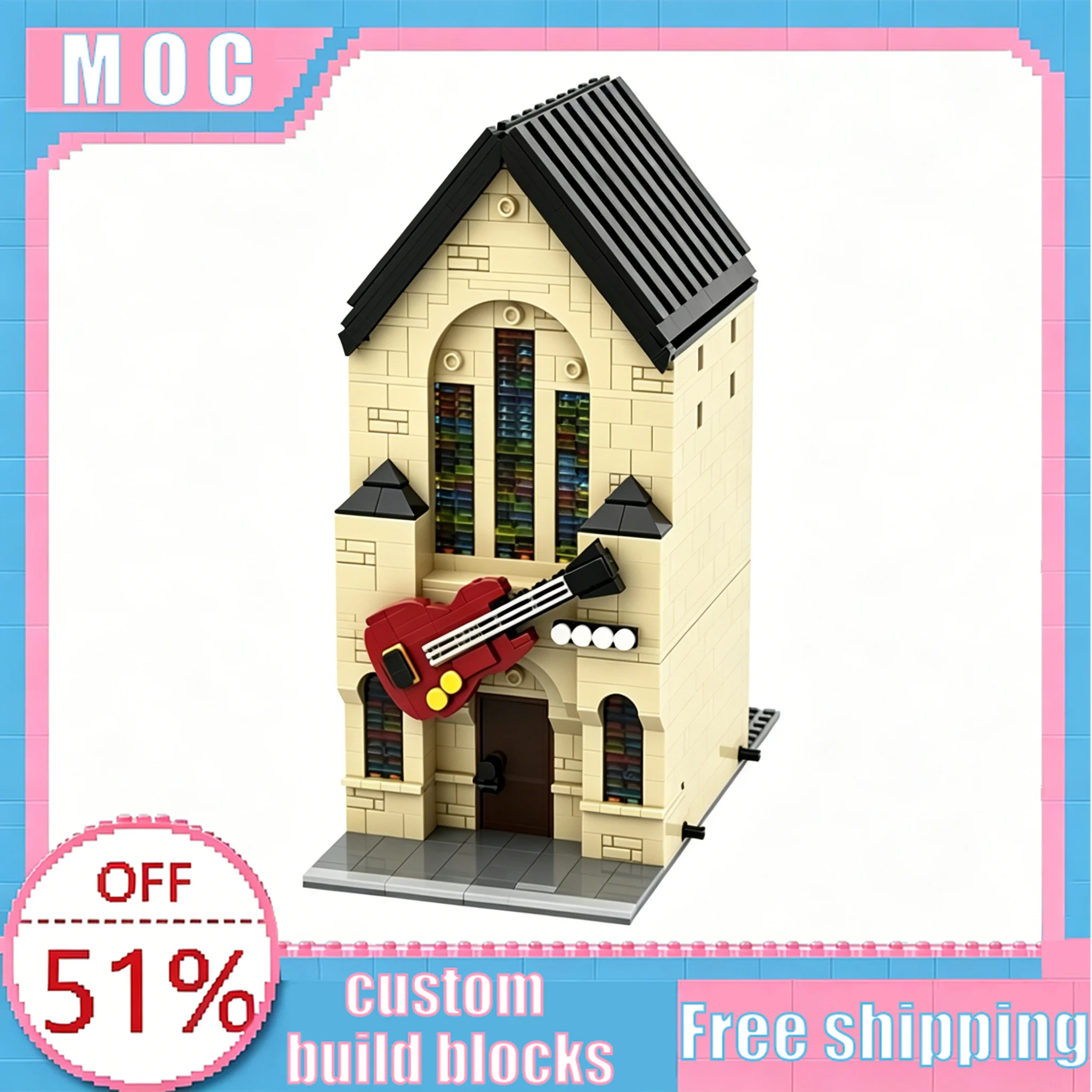

1272 Parts Guitar Shop From Repurposed Church Modular Building City Street View MOC Building Blocks Model DIY Assembly Toy Gift