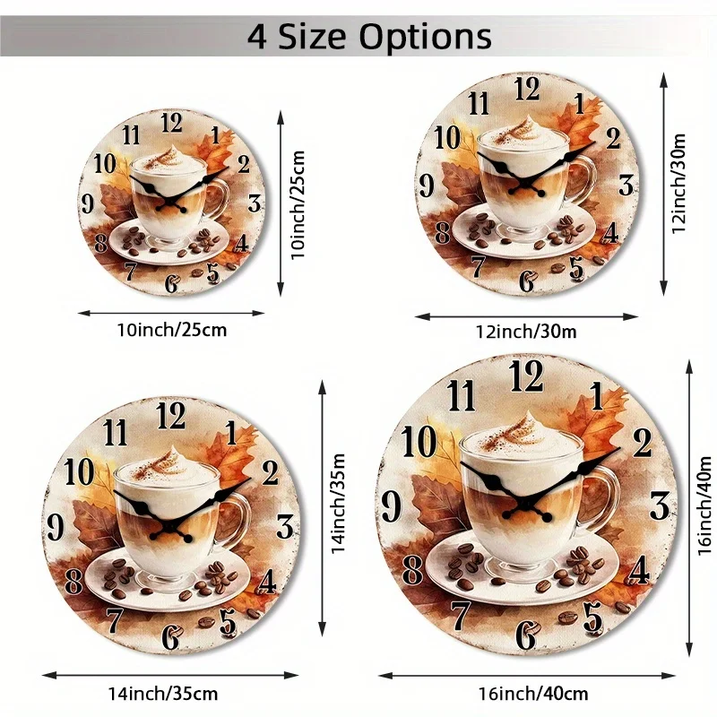 1pc of a Non-Ticking Wooden 2D Flat Wall Clock Featuring a Circular Design with Autumn Coffee And Leaves, Suitable for The Living Room, Bedroom, Kitchen, Entryway, Or Office, Available in Sizes 25.4cm, 30.48cm, 35.56cm, And 40.64cm (Battery Not Included)