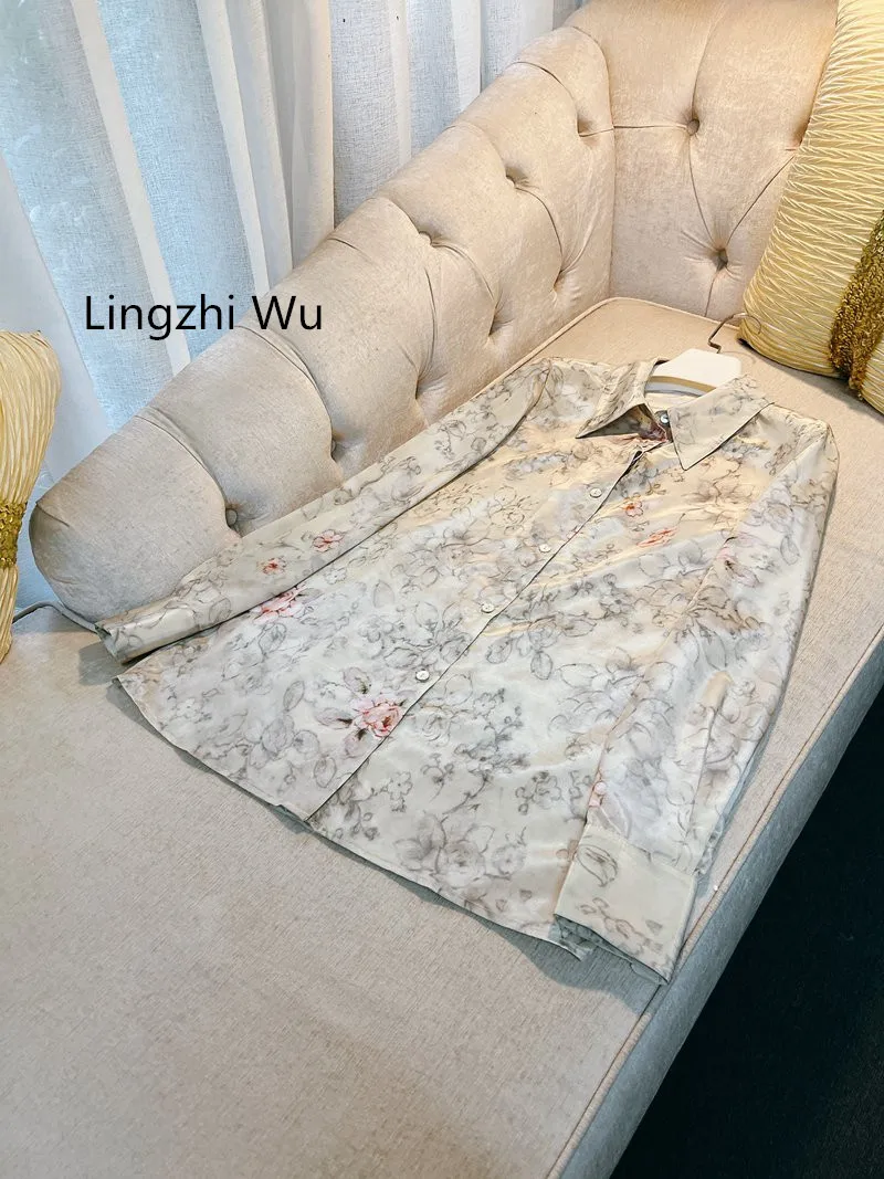 

Lingzhi Wu Print Blouse French Design Vintage Elegant Shirt Art Light Elegant Chinese Style Top Ladies Long Sleeve Sunscreen Top