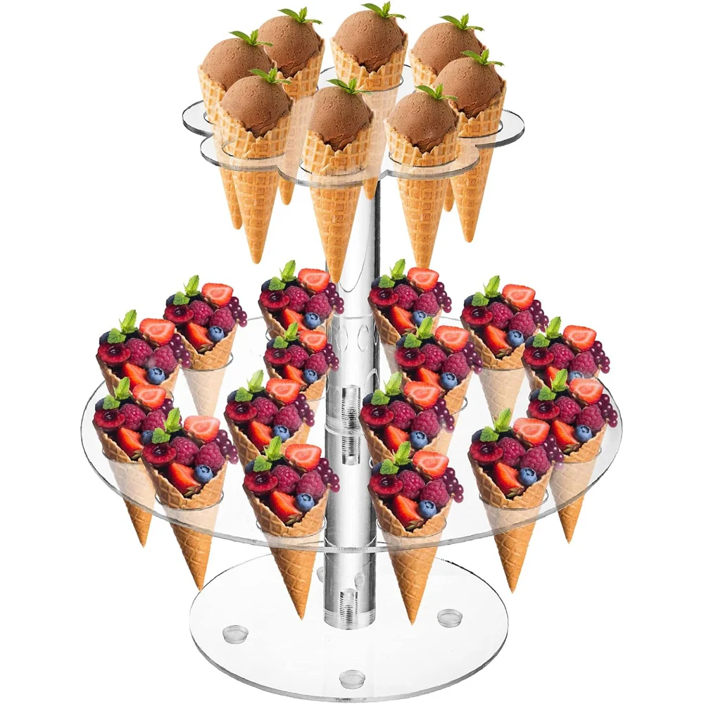 

Acrylic Ice Cream Cone Holder, 24 Holes Waffle Sushi Hand Roll Stand Double Layer Cone Display Stand, Clear Food Display Stand