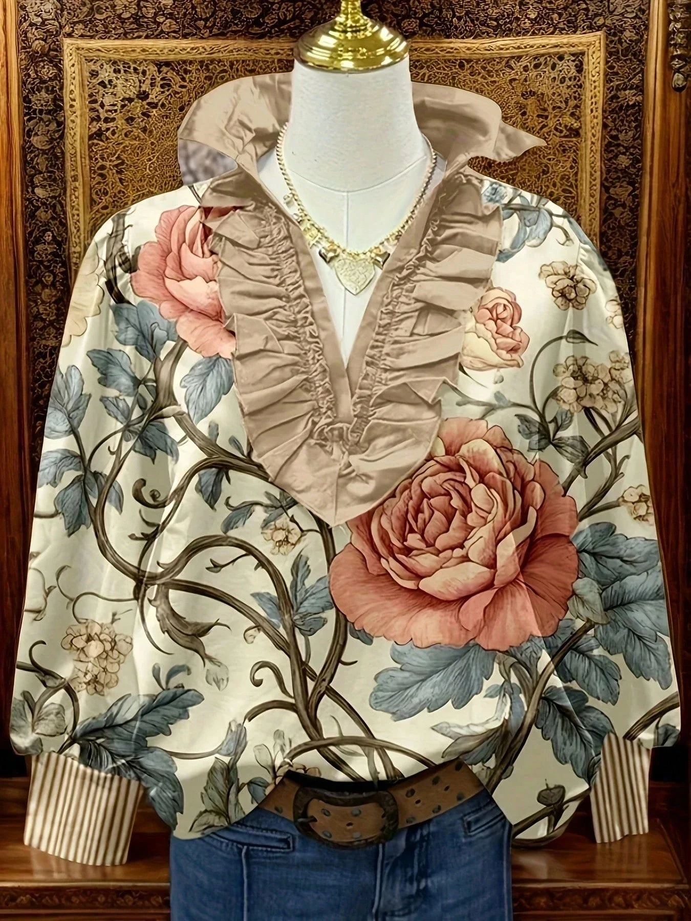 

Floral Print Ruffle V-Neck Striped Sleeve Vintage Blouse