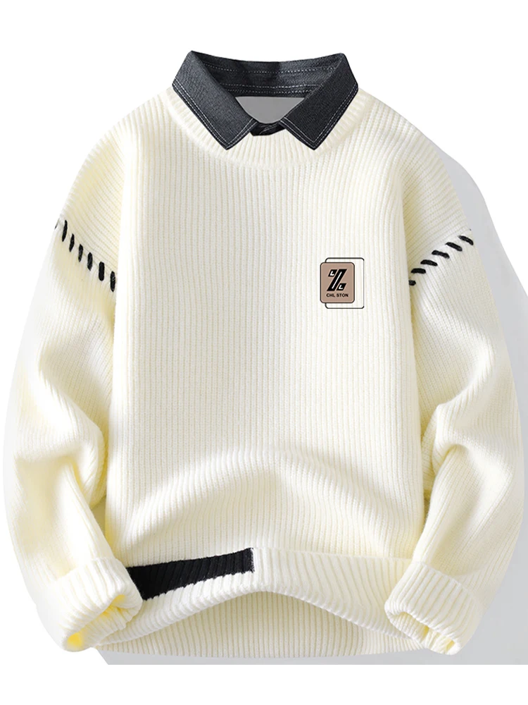 

Men's Knitted Sweater irt Collar Stripe Color Blo Warm Winter Faion Casual Loose Fit Long Sve Crew Ne Pullover