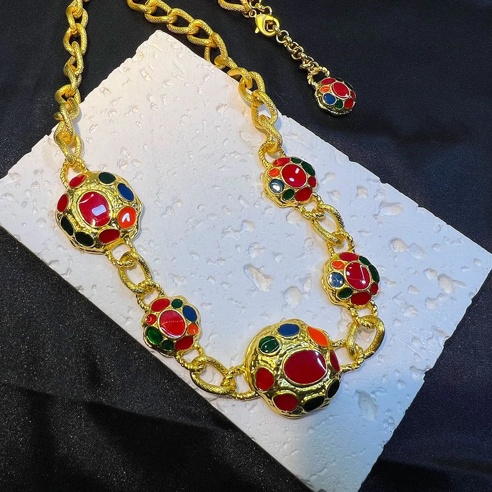 Vintage glazed necklace hot-selling medieval high-end color matching color plated real gold court style retro necklace