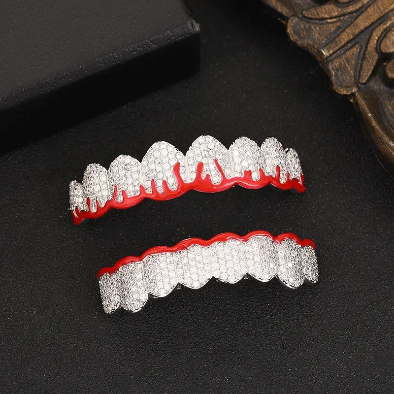 

HipHop Flame CZ Teeth Set For Unisex Top Bottom Mouth Gold Silver Color Teeth Tooth Cap Removable Dental Fashion Jewelry