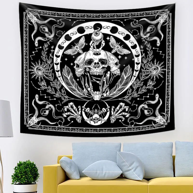 Skull Black White Snake Tapestry Moth Tarot Skeleton Mandala Phase Sun Moon Wall Hanging Occult Home Decor Background Cloth