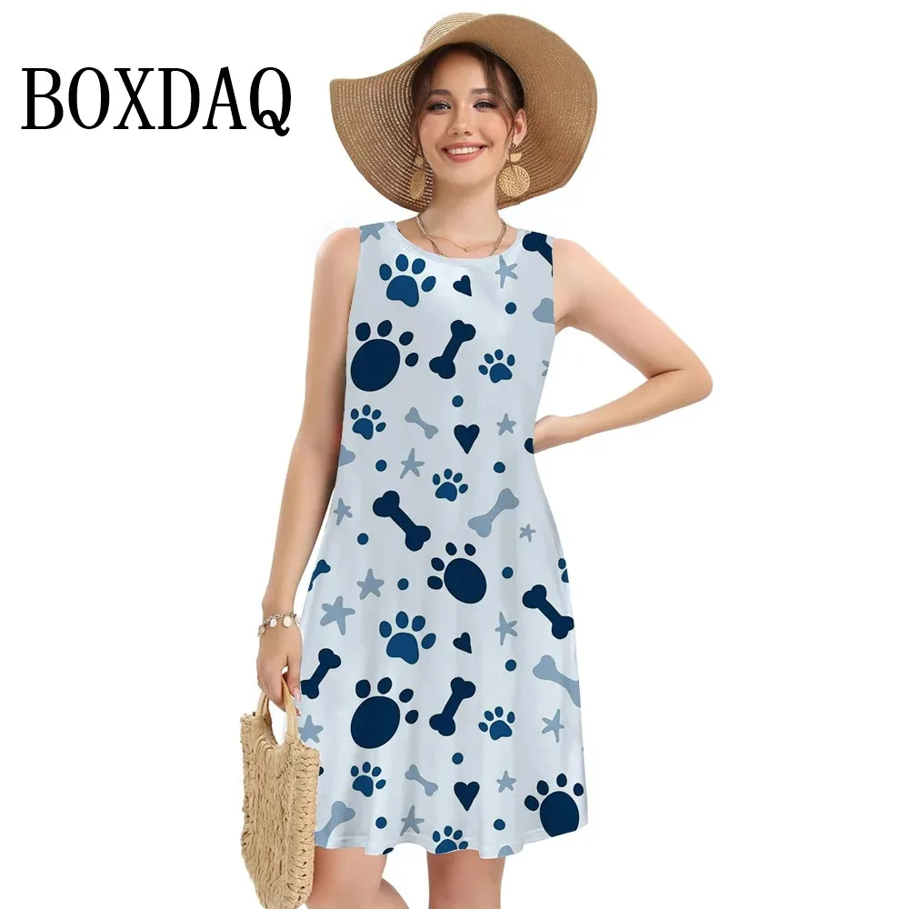 Summer Women Tank Dresses Cute Dog Paw Print Knee-Length Short Dress Loose Plus Size Sleeveless Beach Dresses Sundress S-3XL