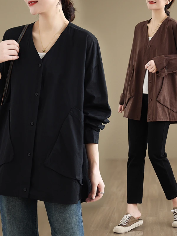 ゆったりとしたVネックのロング丈カーディガン、レディース、カラーダブル、カジュアル、綿混紡、オープンカーディガンコート