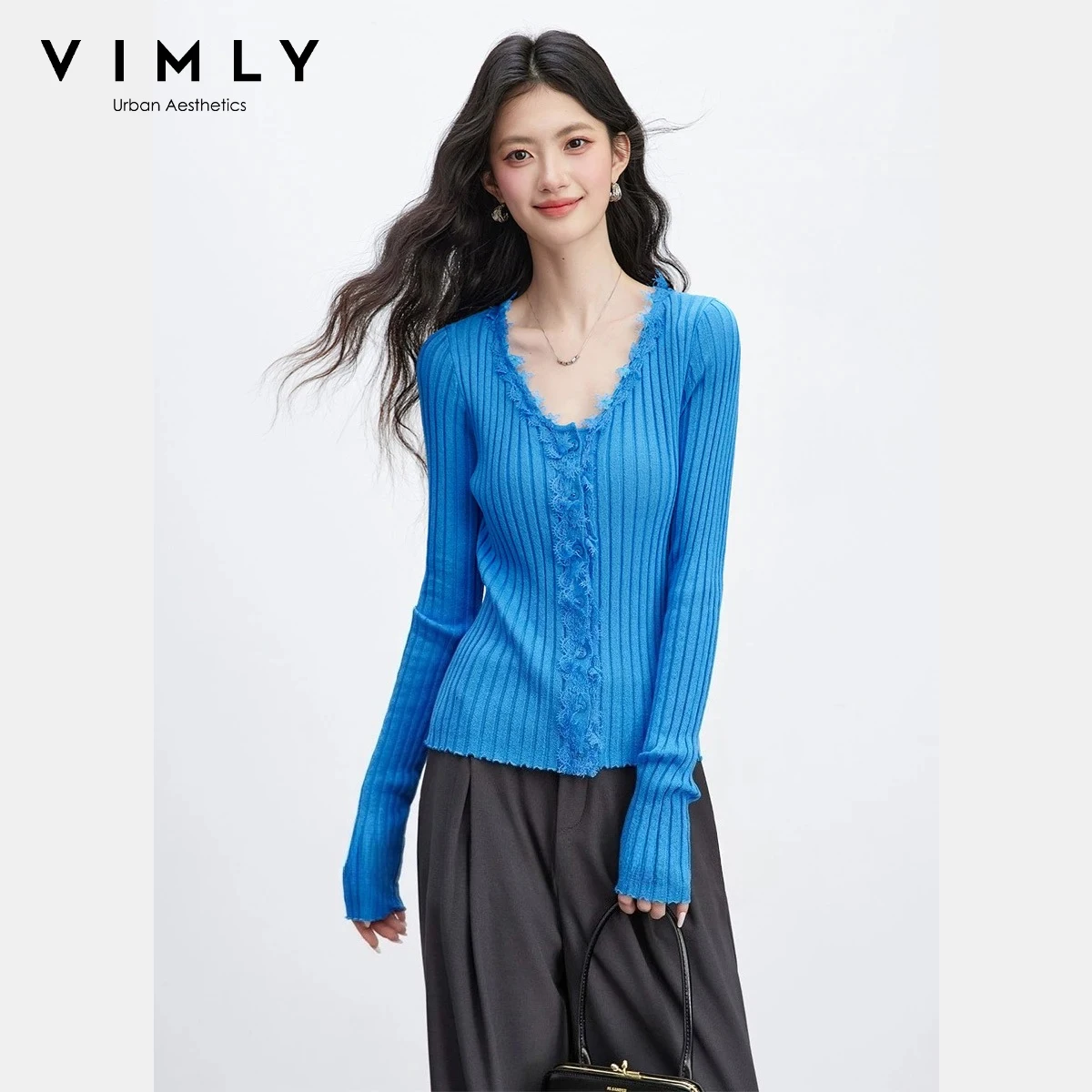 VIMLY Klein Blue Knit Sweater Women 2026 French Style V-neck Ruffled Trim Ribbed Pullovers Casual Slim-fit Long Sleeve Top 30678
