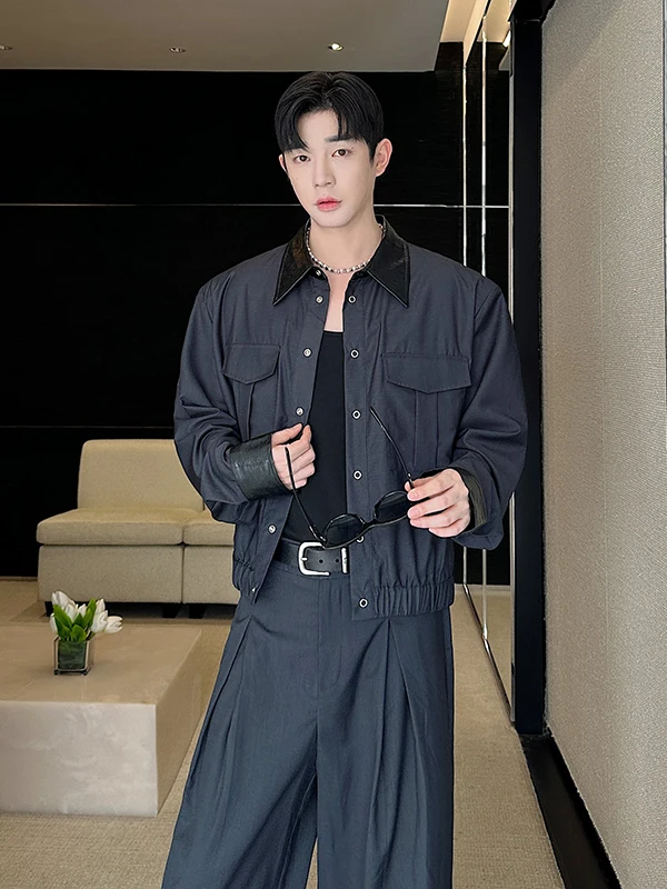 

Мужской комплект TANGZ Studio: кожаная куртка в стиле пэчворк и брюки с широкими штанинами, повседневный молодежный костюм из двух предметов