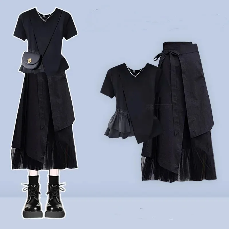 

Women's 2026 Summer New Fashion Dress Matching Set Korean Elegant Irregular Short Sleeve Top+Strap Midi Skirt Two Piece Suit