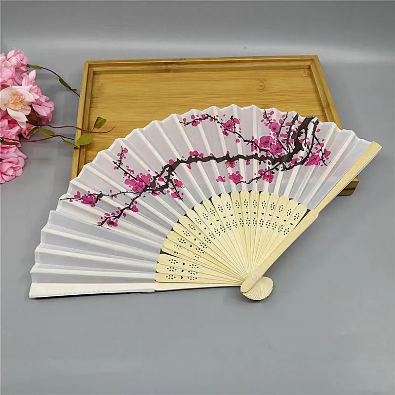 Folding Hand Fan 8.26in Handmade Cooling Fan Ink Painting Printed Craft Cloth Classical Plum Blossom Design Fan For Home Decor