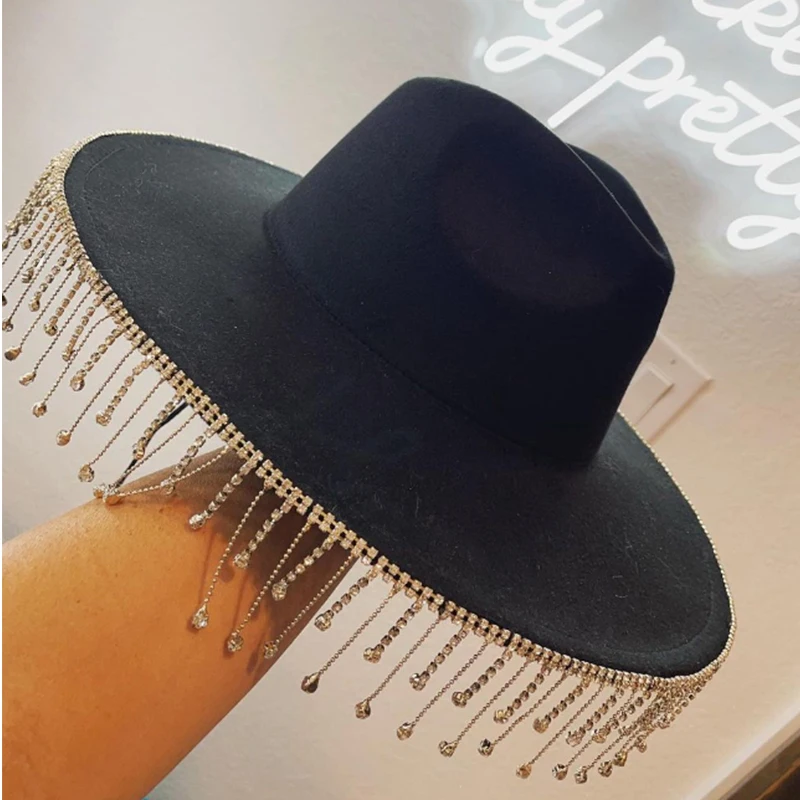 Women Rhinestone Tassel Decor Wide Brim White Fedora Hat For Party Cap Handmade Rhinestone Fringe Cowgirl Hat  Wholesale