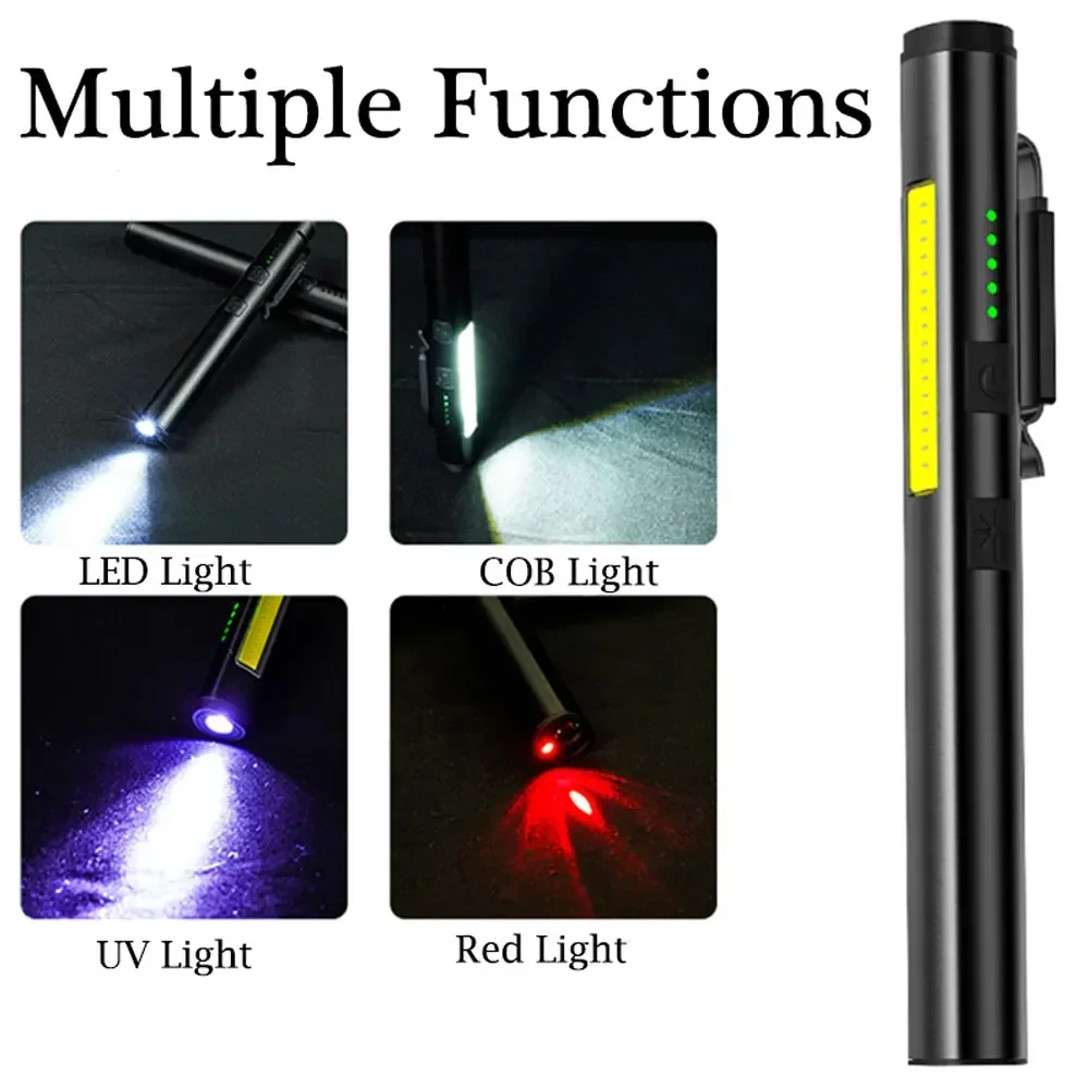 Multifunctional 4 in 1 LED Flashlight Mini USB Rechargeable 800mah Pen Clip Flashlight 365nm UV Light COB Camping Work Repair