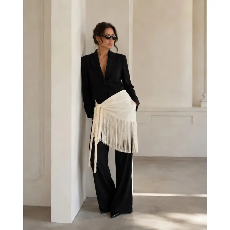 

Solid Color Fringe Scarf Skirt For Women Tie Side Wrap Mini Skirt Chic Tassel Hip Cover Up For Beach Party Streetwear Vacation