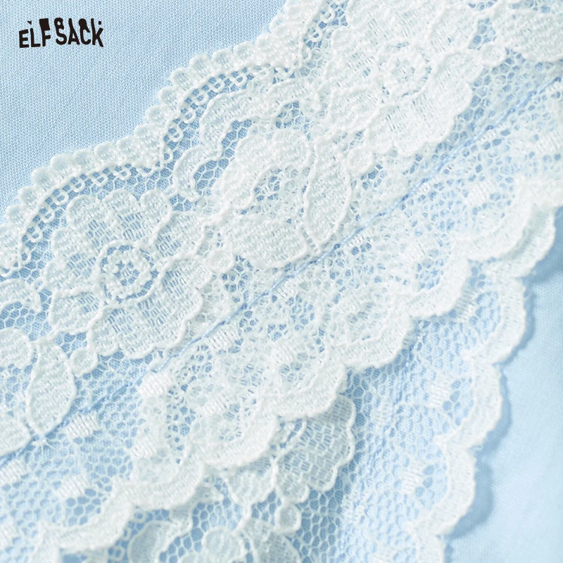 ELFSACK 2025 Summer New Arrivals Lace Patchwork Bubble Sleeves V-Neck Short Sleeve Shirt For Women